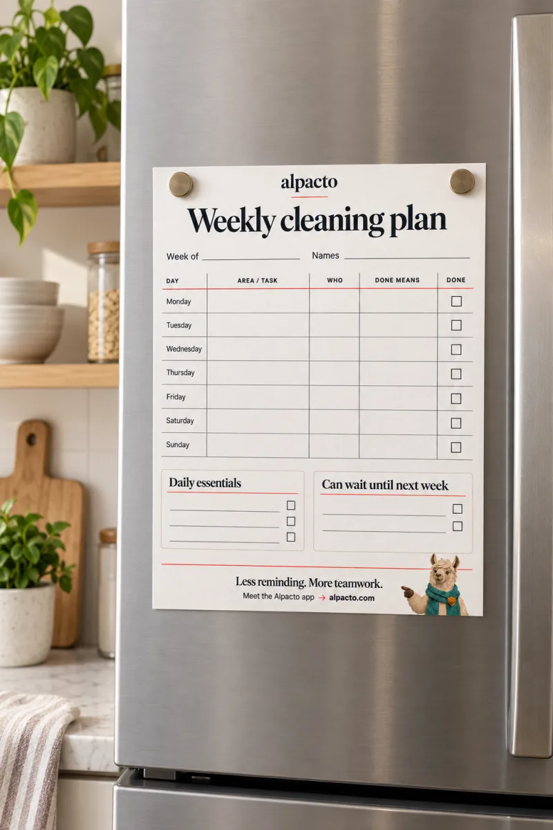 Free cleaning printables: a blank weekly cleaning plan held on the fridge with magnets