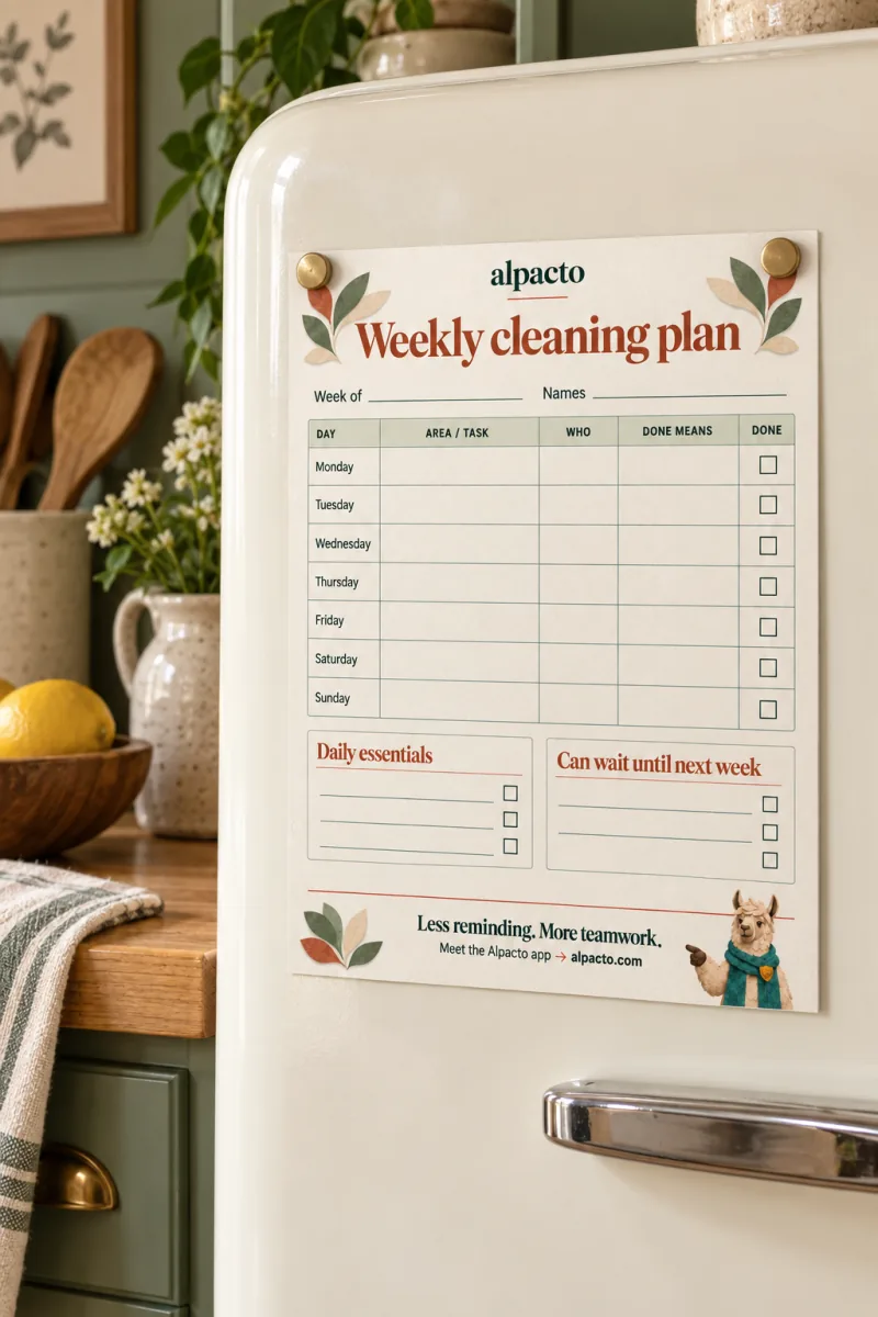 A blank weekly cleaning plan on the fridge door, waiting for Sunday