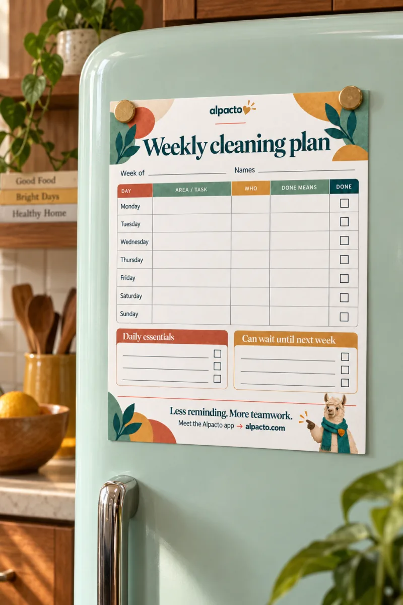 The printable weekly cleaning schedule in the Color design, held to the fridge with magnets