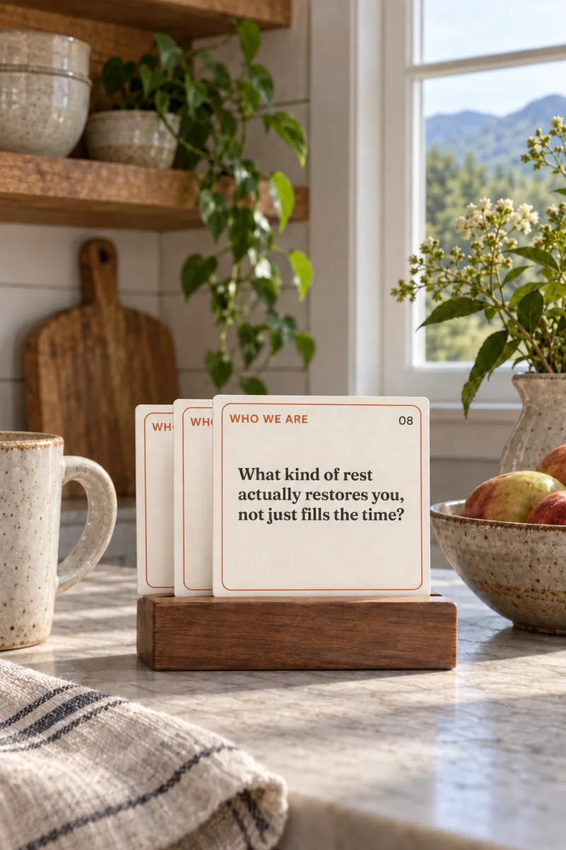 Printable conversation cards for couples standing in a wooden holder on a kitchen counter, a free alternative to the Gottman Card Decks app