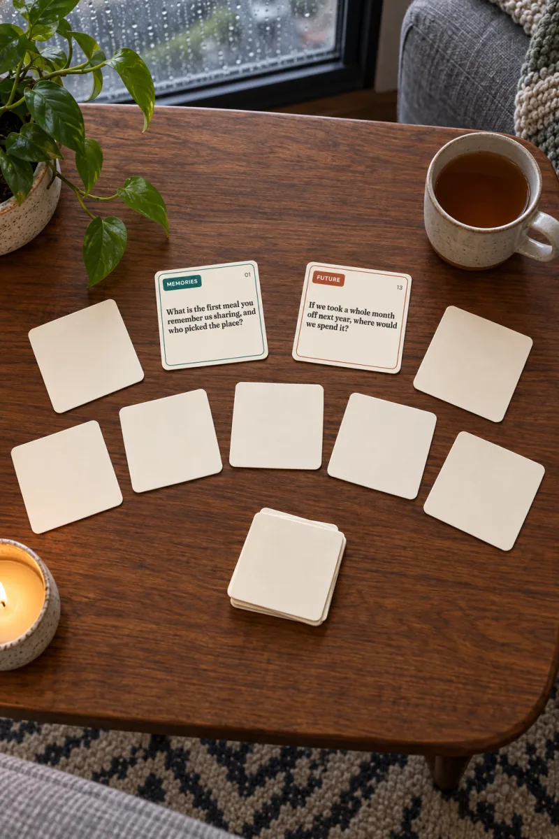 Blank question cards spread out on a coffee table with two cards turned over, the deck that goes with these questions to ask your partner