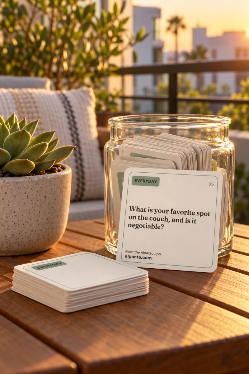 The couple questions game cards in a jar on a balcony table