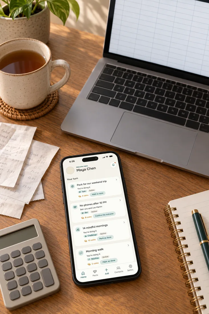 Couples budget template at the desk: a laptop with a blank spreadsheet, a calculator, receipts and a phone with the Alpacto home screen