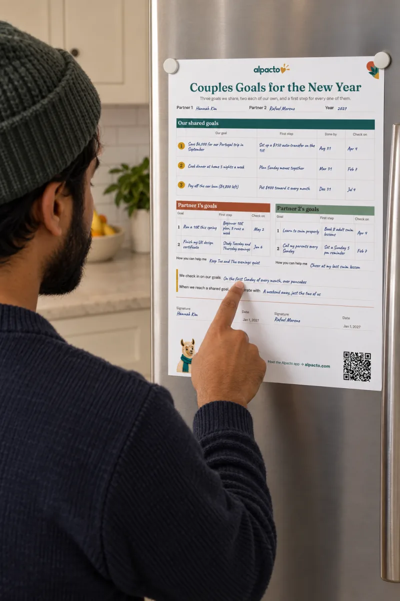 A man in a knit hat at a stainless refrigerator points at the We check in on our goals line of the filled-in sheet, color design