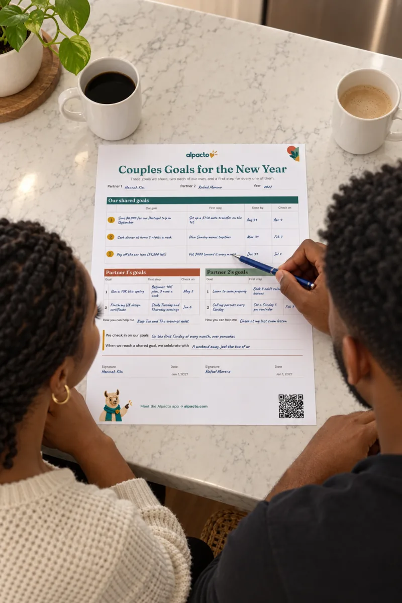 A couple seen from behind at a marble kitchen island; he holds a pen by the first step of shared goal 3 on the filled-in sheet, color design