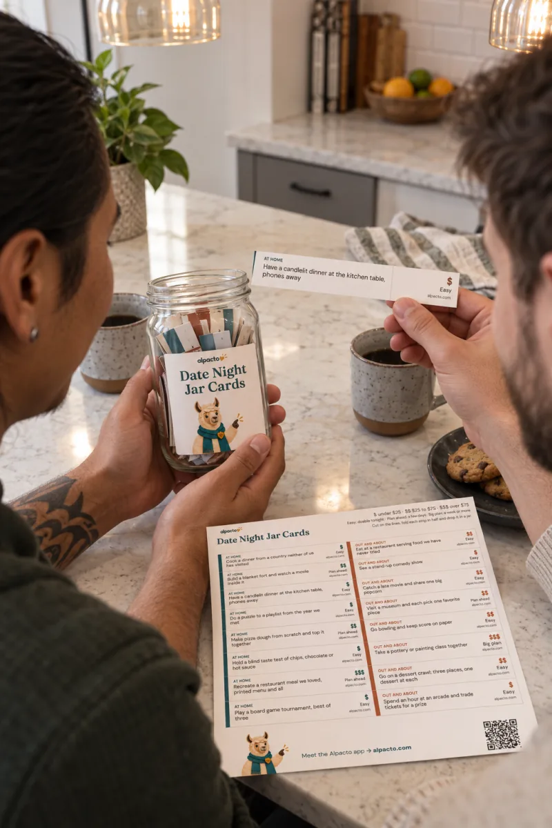 Two men at a kitchen island, one holding the jar of folded strips, the other reading the candlelit dinner strip