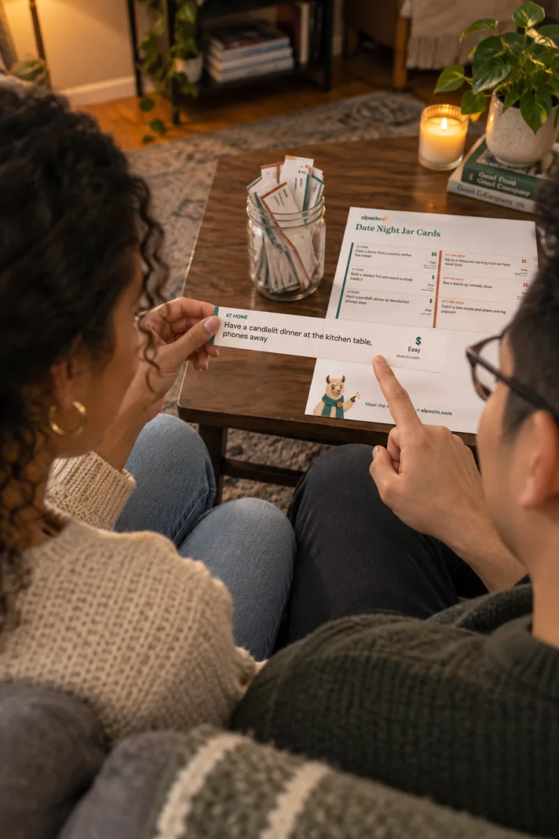 A couple on a sofa reading a strip from their date night jar: candlelit dinner at the kitchen table, phones away, $ and Easy