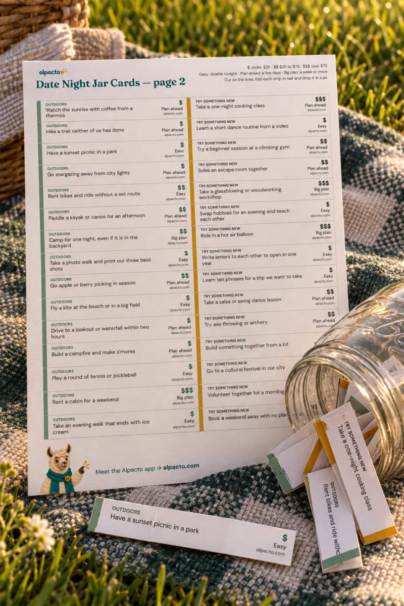 Page 2 of the strips on a picnic blanket, with a tipped-over jar and the sunset picnic strip unfolded