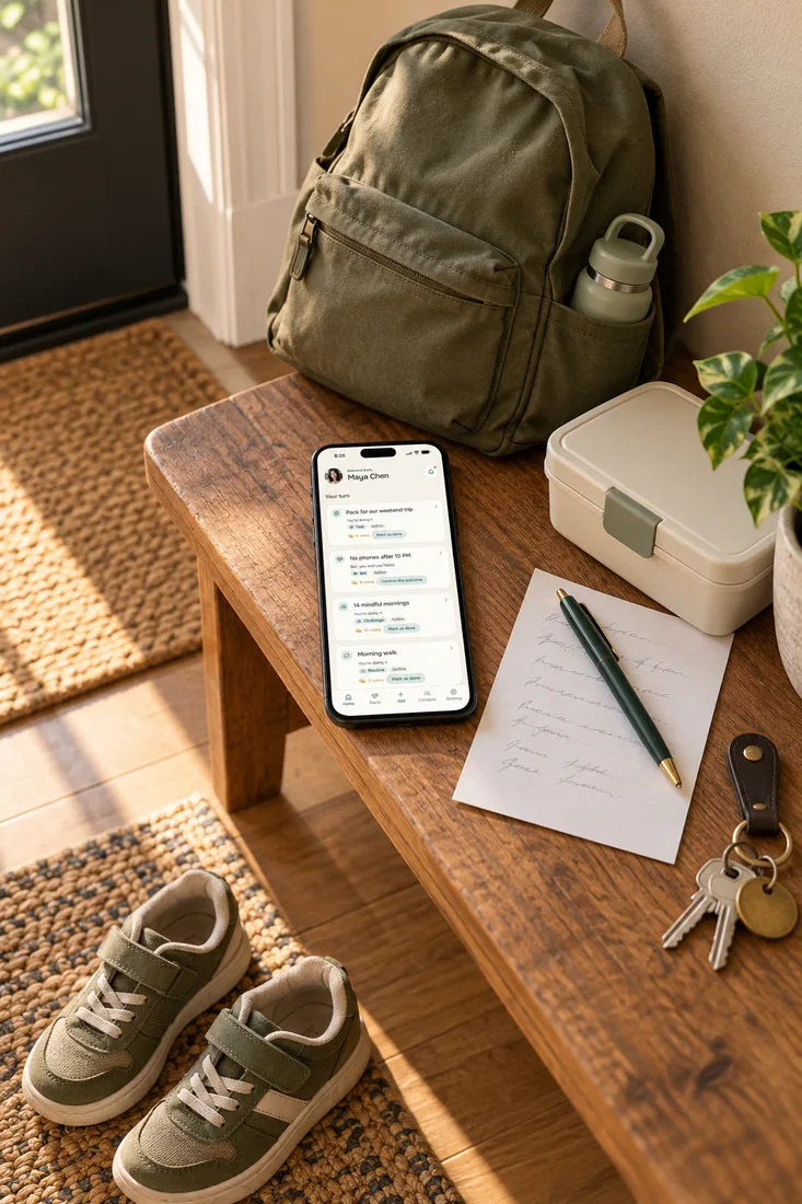 Default parent on a school morning: a child's backpack, lunch box and a form on the entryway bench next to a phone with the Alpacto home screen