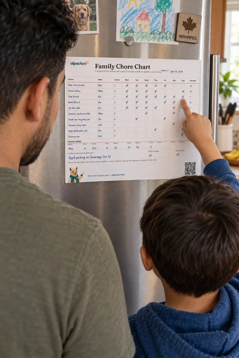 A father and his young son at the fridge, the boy checking a day on a filled-in family chore chart