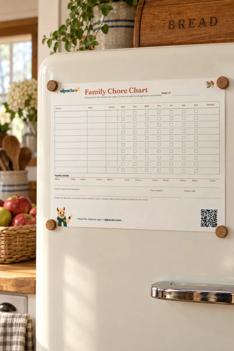 A blank family chore chart in the warm design held by wooden magnets on a cream refrigerator in a farmhouse kitchen
