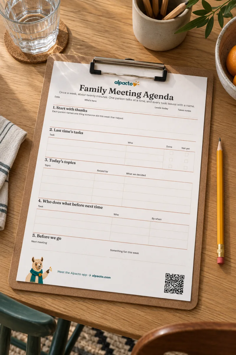 Blank family meeting agenda on a clipboard on an oak dining table, a yellow pencil beside it
