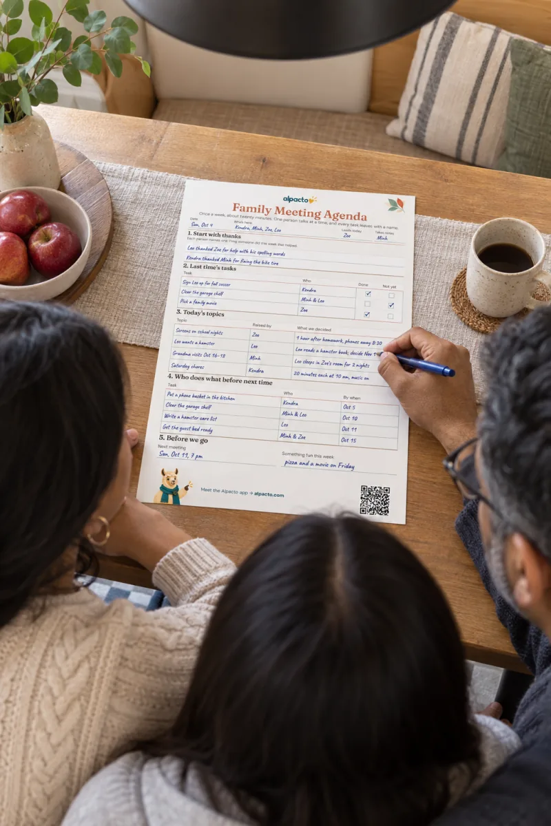Family meeting agenda filled in on a dining table, a man writes in Today's topics while a woman and a teen daughter watch from behind