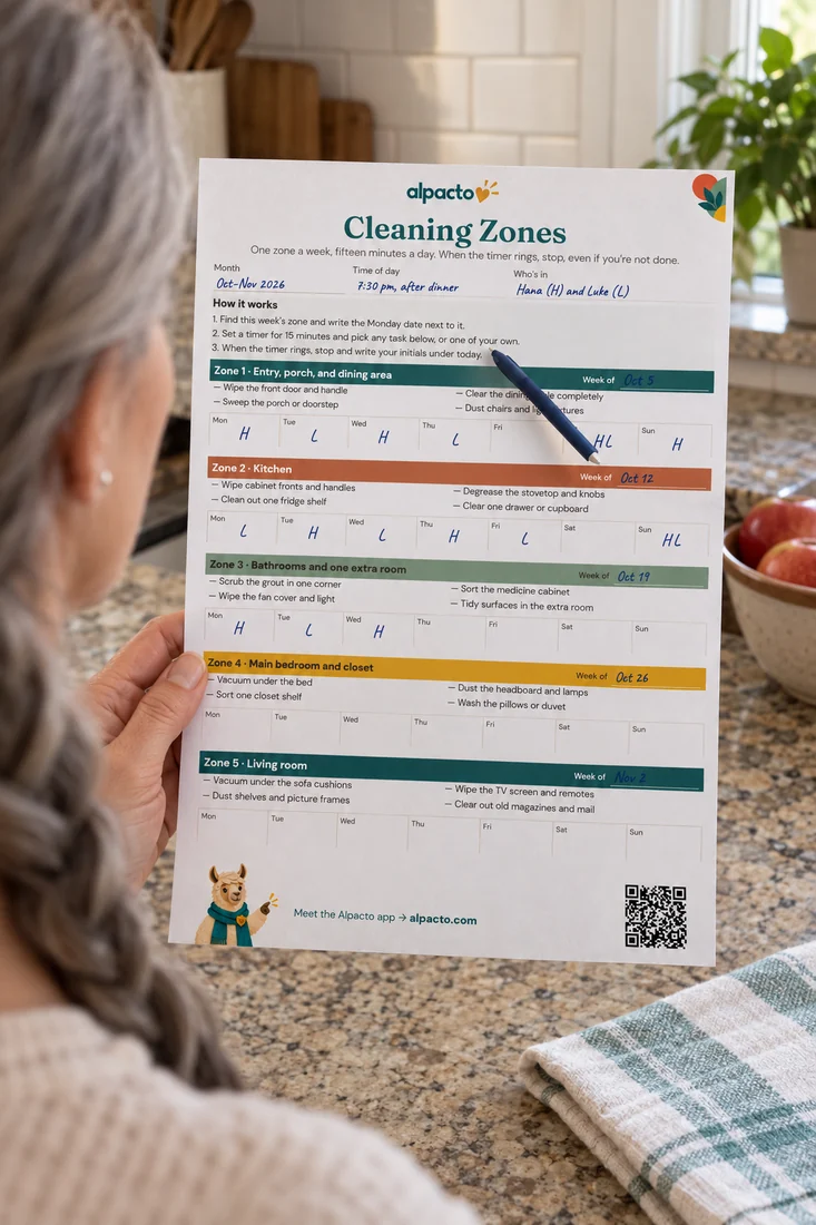 A FlyLady method zone cleaning sheet held in one hand, filled in with the initials H and L across four weeks of zones