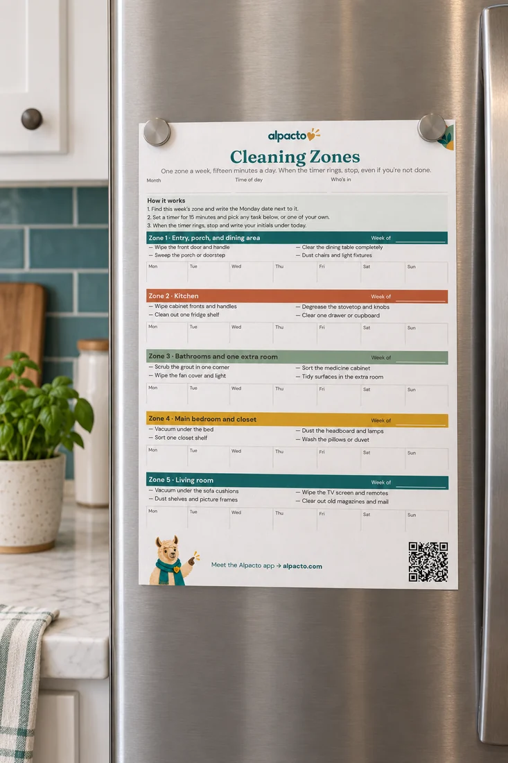The blank zone sheet held on a steel fridge door with two magnets
