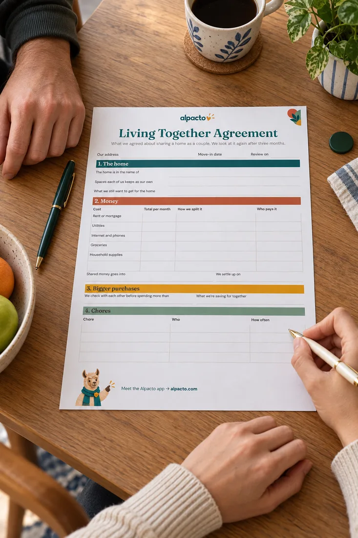 Agreements between partners, roommates and families: two people at a kitchen table with a blank Living Together Agreement, one of them holding a pen