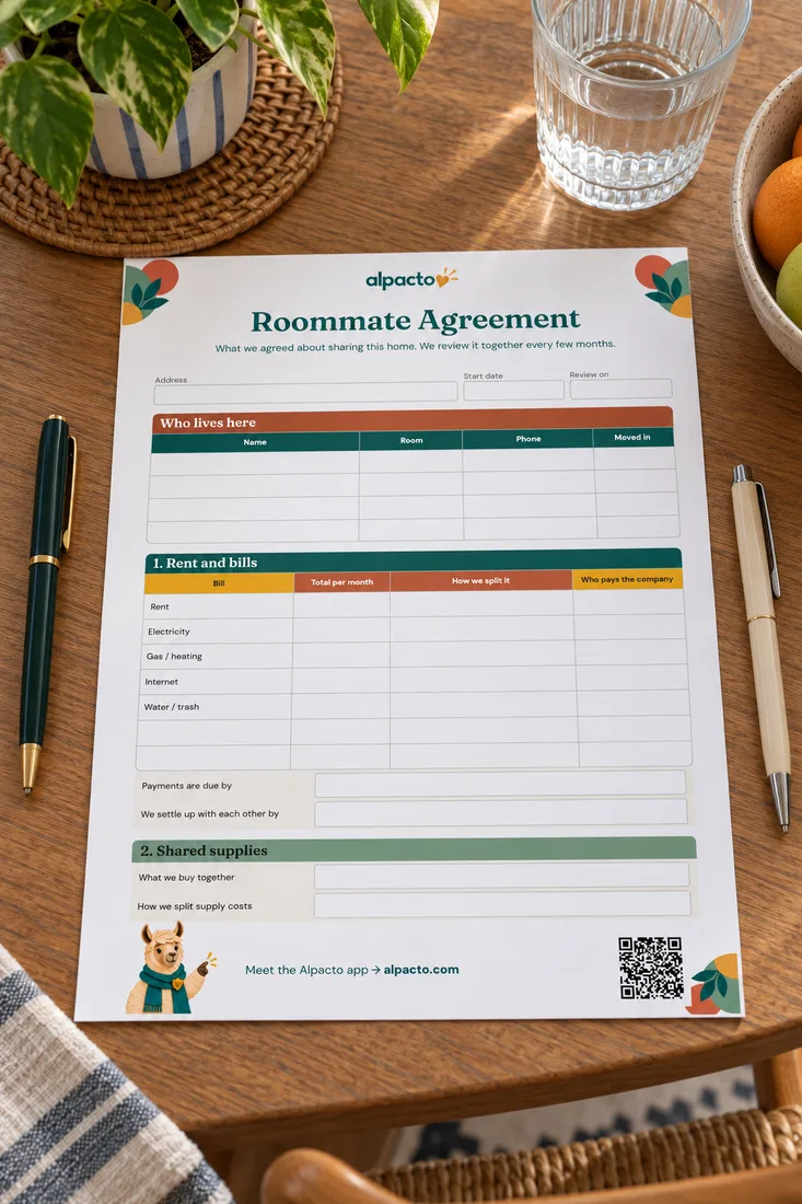 Agreement templates for couples and roommates: a blank printed Roommate Agreement on a table, with a pen on each side