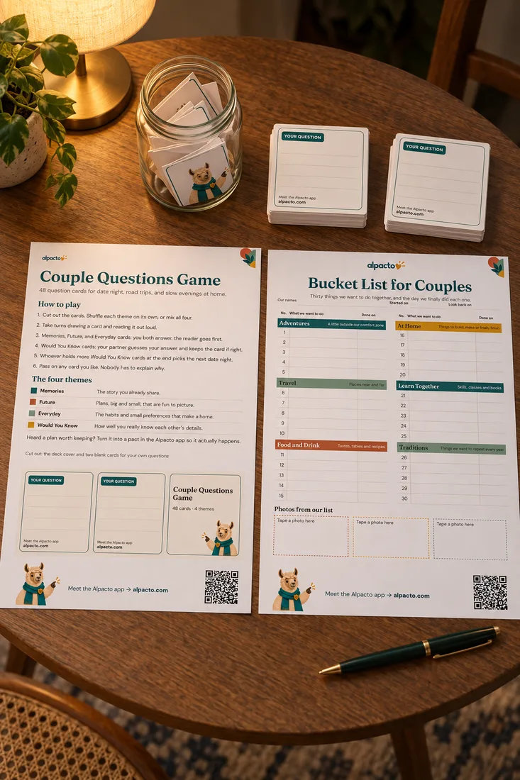 Printable couple games on a table for two: the Couple Questions Game sheet, two stacks of blank question cards, a jar of cards and the Bucket List for Couples sheet