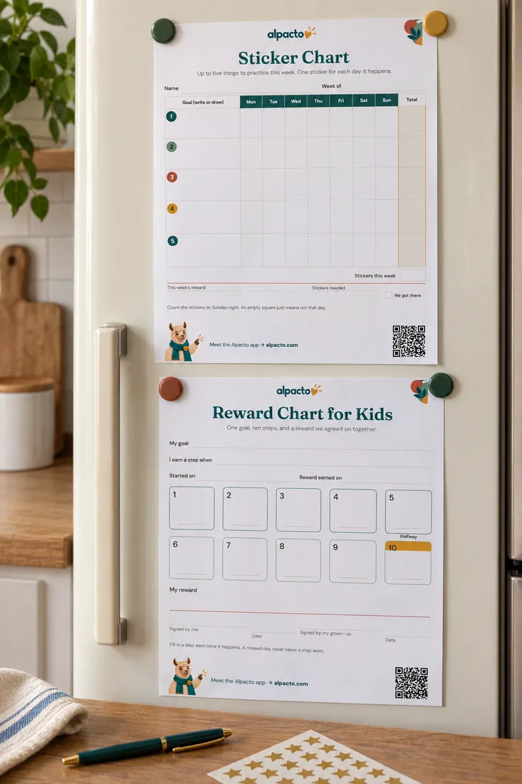 Printable charts for kids on a fridge: a blank weekly sticker chart and a ten-step reward chart under magnets, gold star stickers on the counter