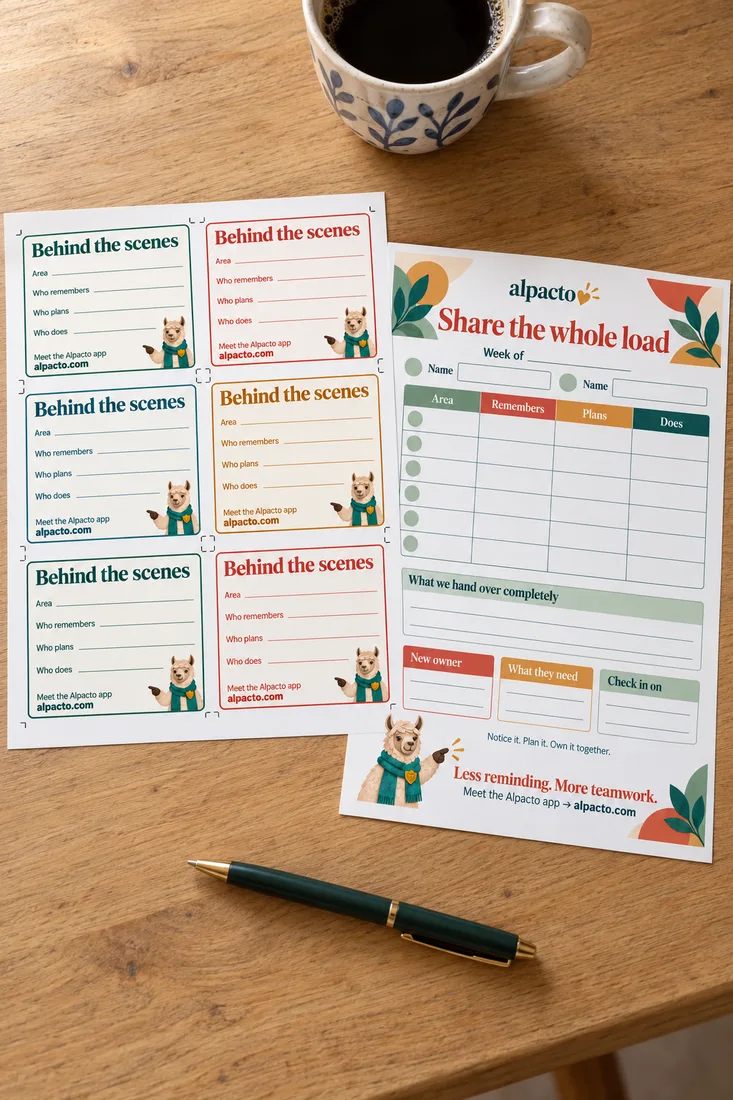 Free mental load printables on a kitchen table: six blank Behind the scenes area cards and the Share the whole load weekly sheet, with a pen and a cup of coffee