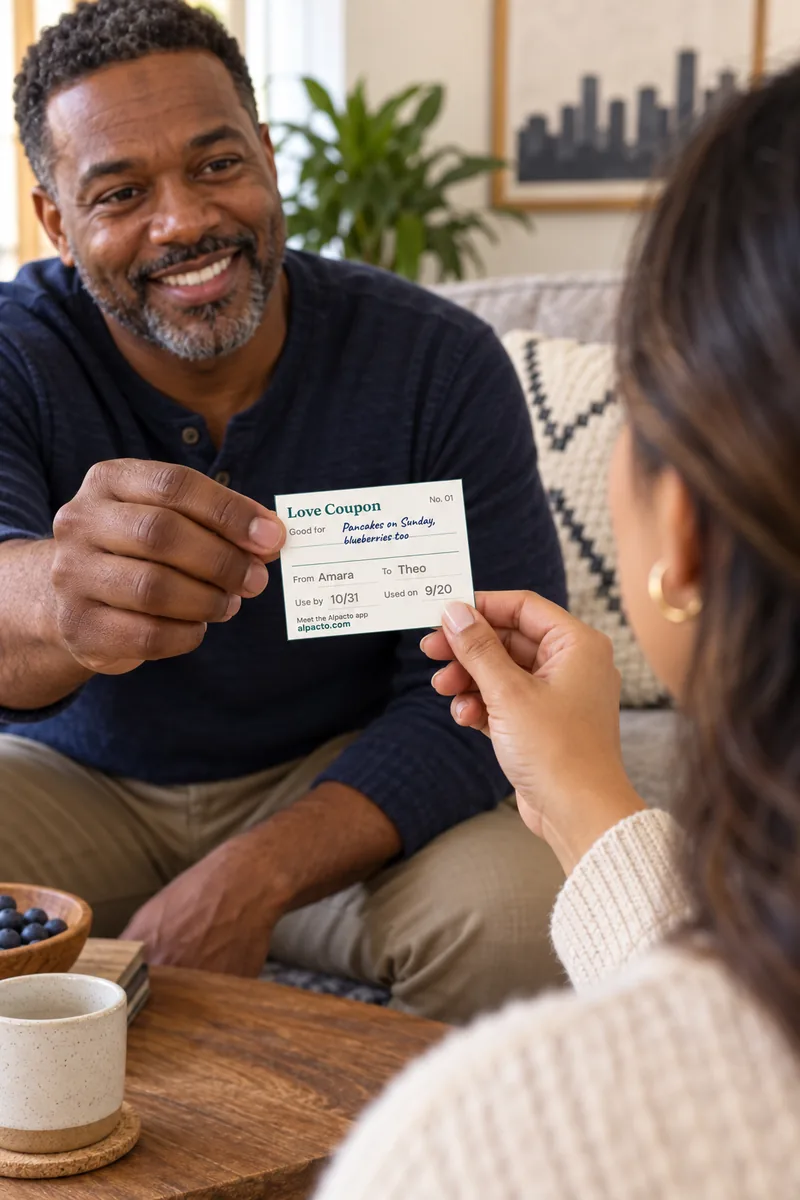 Printable coupons for couples in use: on a sofa, a man holds out a filled-in love coupon for pancakes on Sunday, and his partner takes it