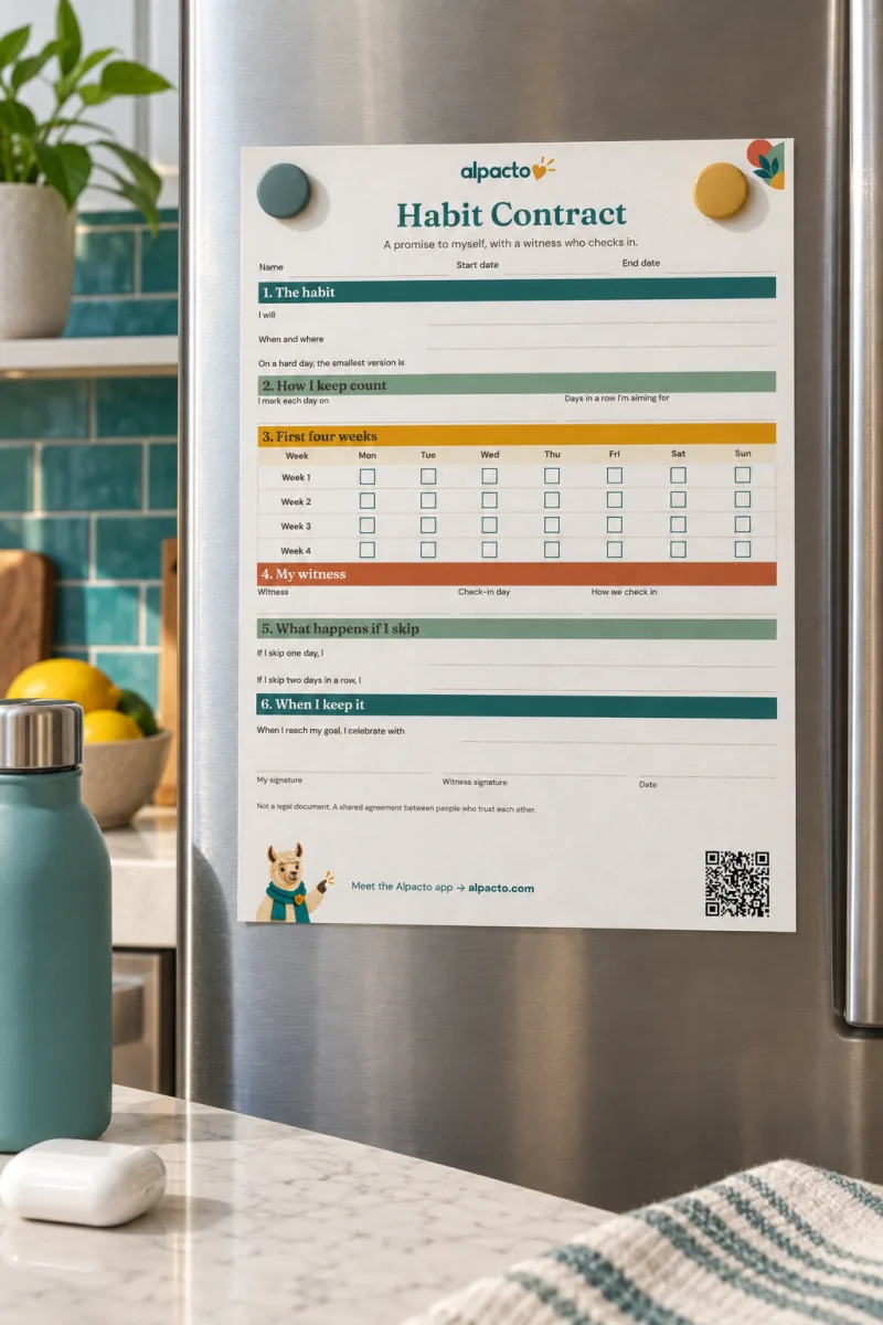 A blank contract with yourself on a refrigerator: the Habit Contract sheet held by two magnets, with six numbered sections and a four-week grid