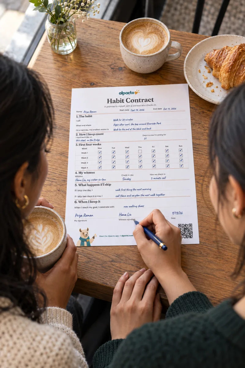 Two women at a cafe table, one signing a filled-in Habit Contract as the witness while the other holds a coffee