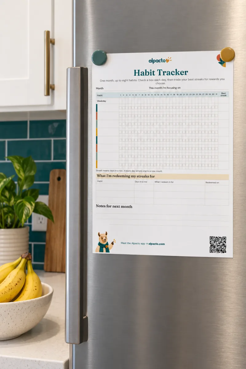 The sheet where it lives: one month on the fridge door.
