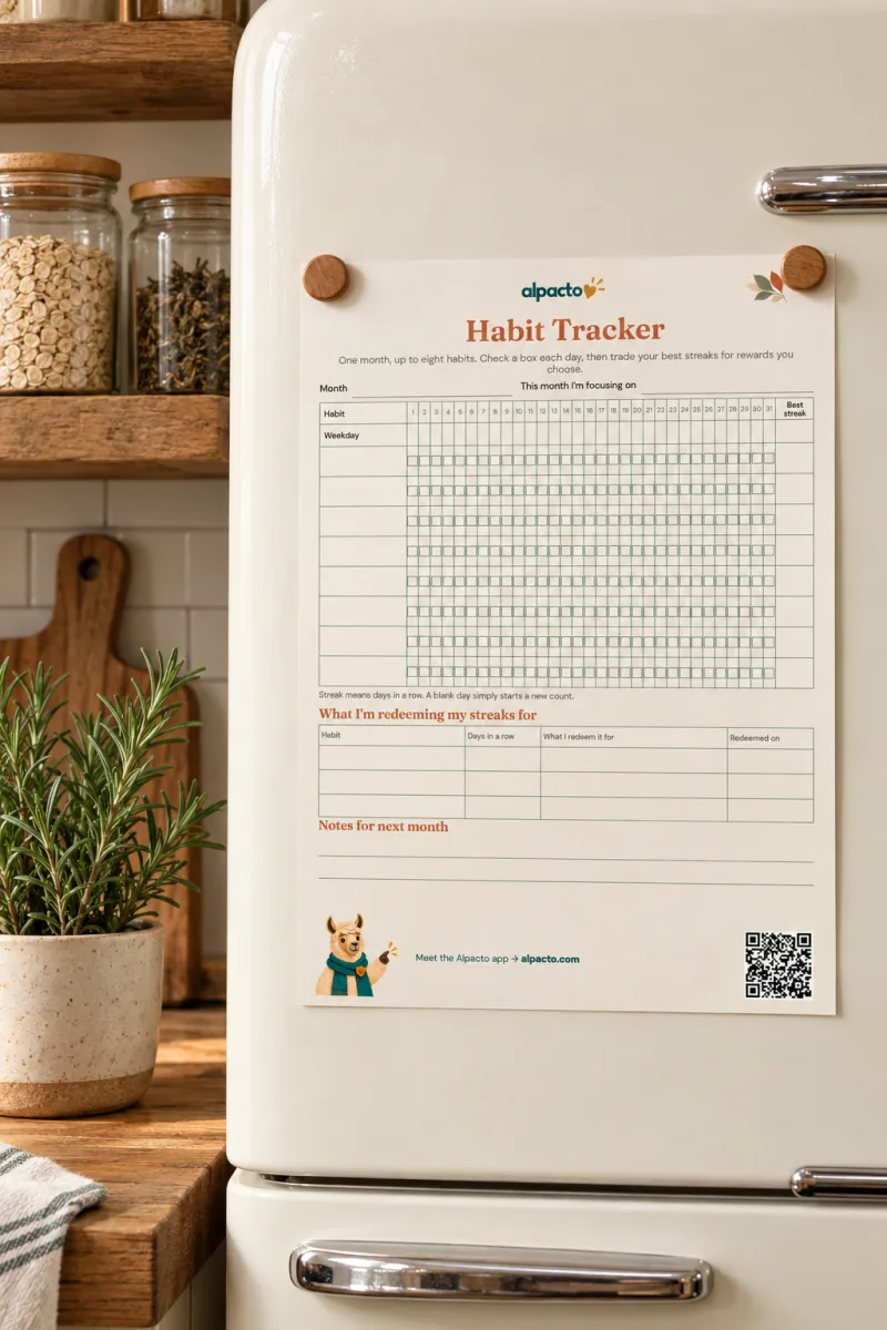 The printable habit tracker on a kitchen fridge door, one month at a time