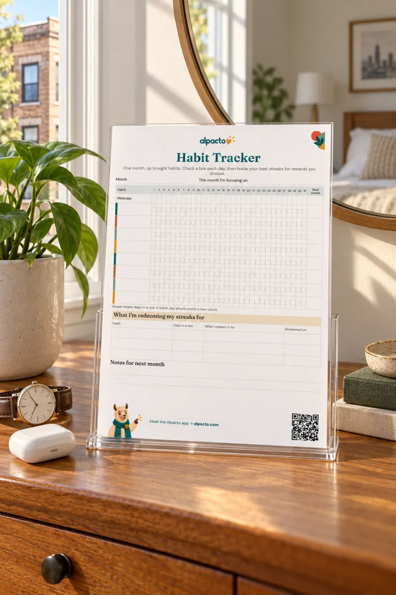 The habit tracker standing on a bedroom desk