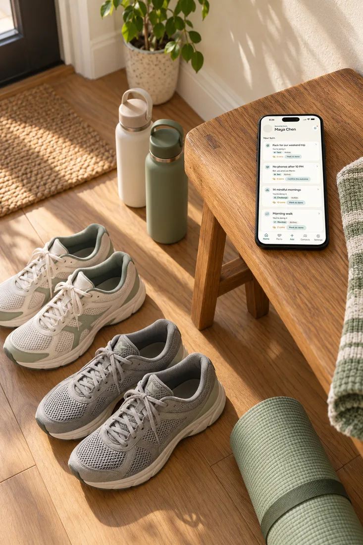 Healthy habits for couples by the door: two pairs of running shoes, water bottles, a yoga mat and a phone with the Alpacto home screen
