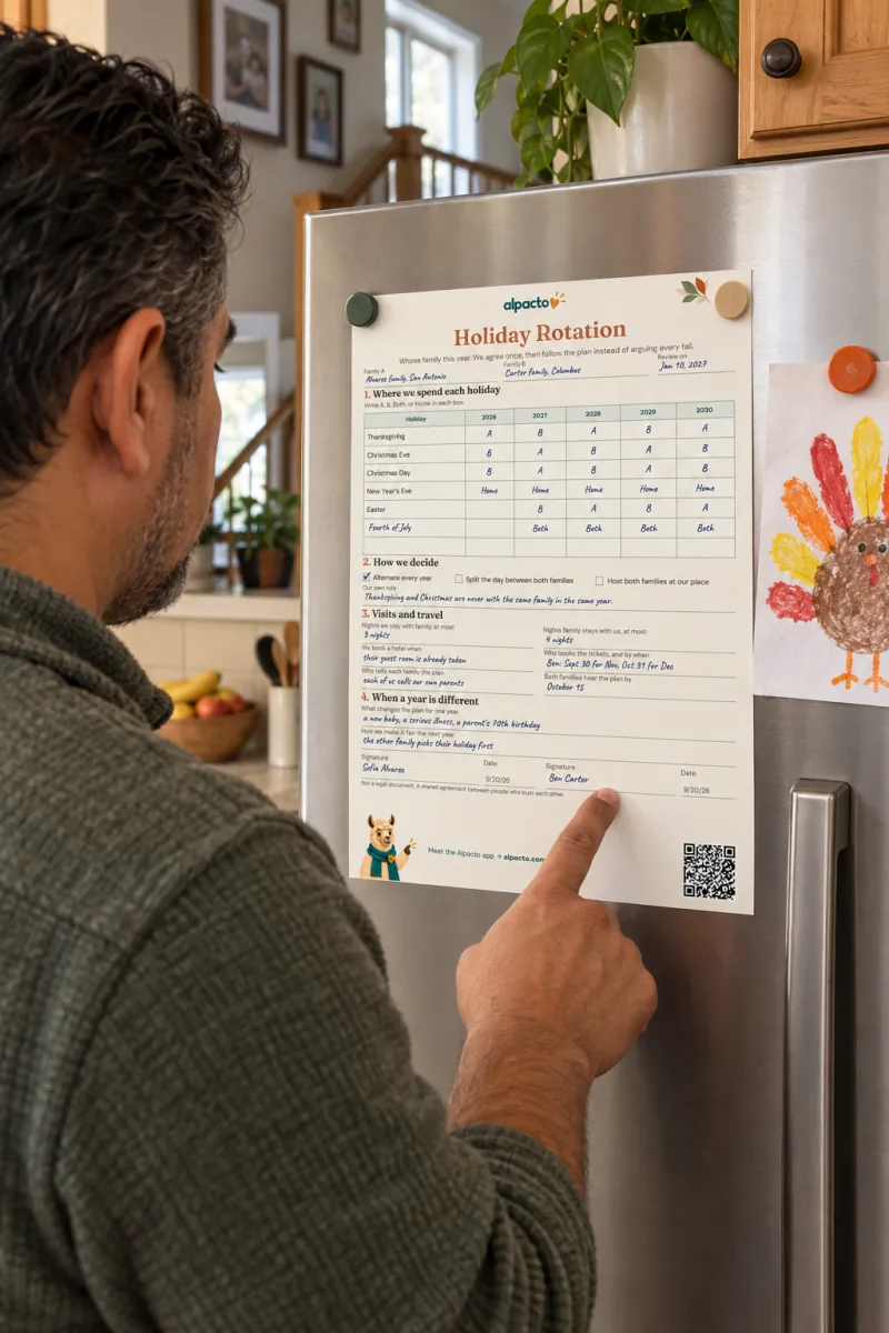 A man points at the signatures on the filled-in holiday rotation sheet on a stainless fridge, next to a child's drawing of a turkey