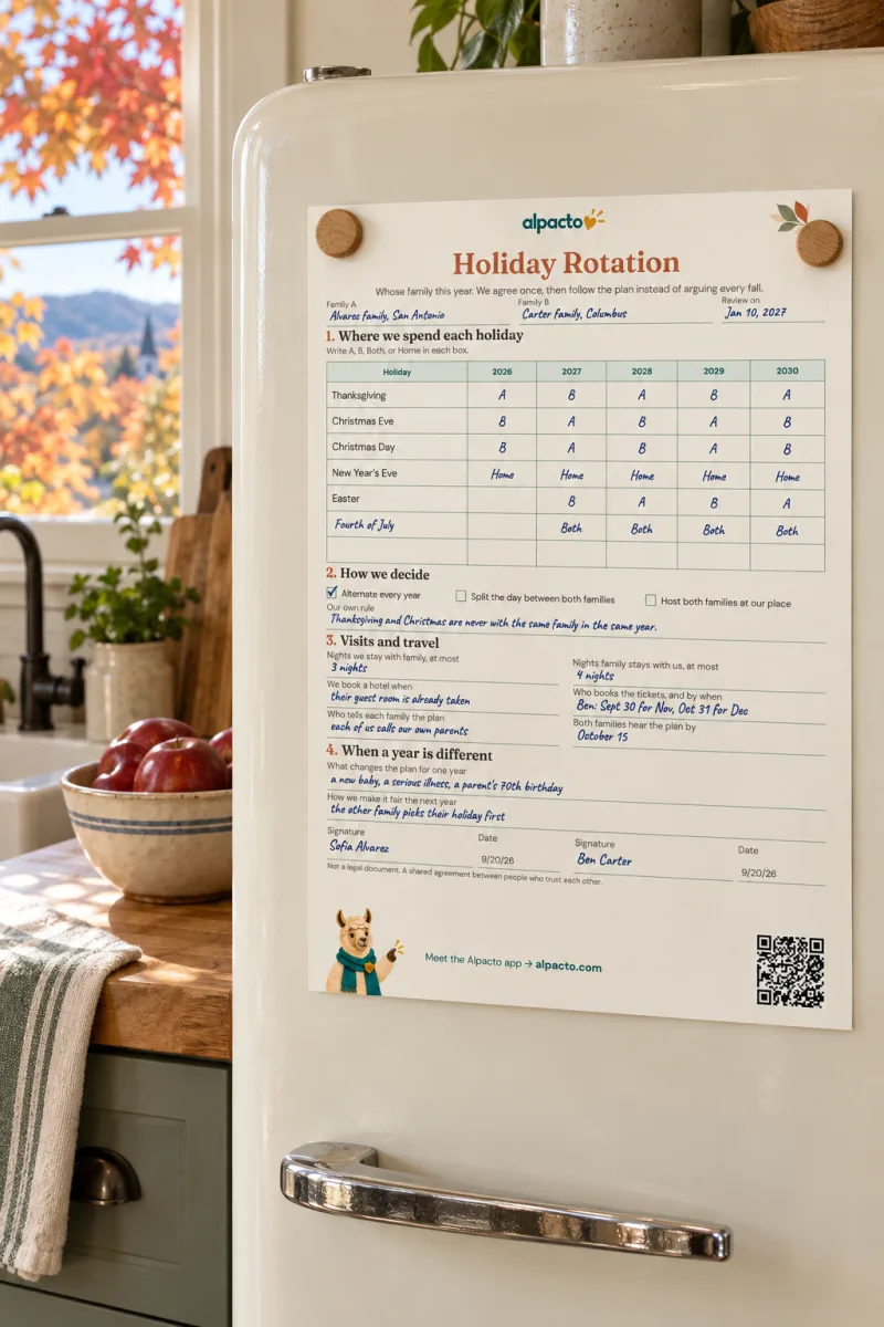 Holiday planning printables: a filled-in holiday rotation sheet on a cream fridge, autumn trees in the window