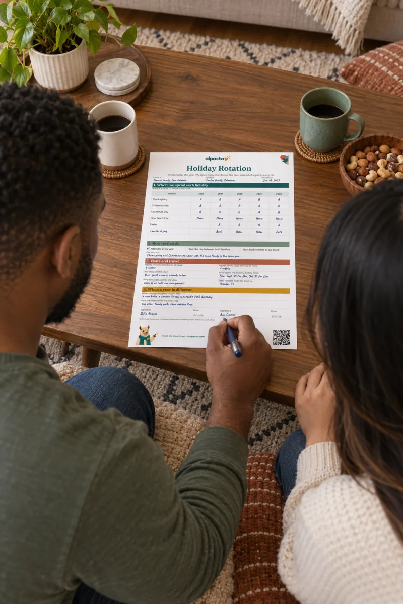 A couple on floor cushions at a coffee table; he signs the holiday rotation sheet they filled in to split holidays between families
