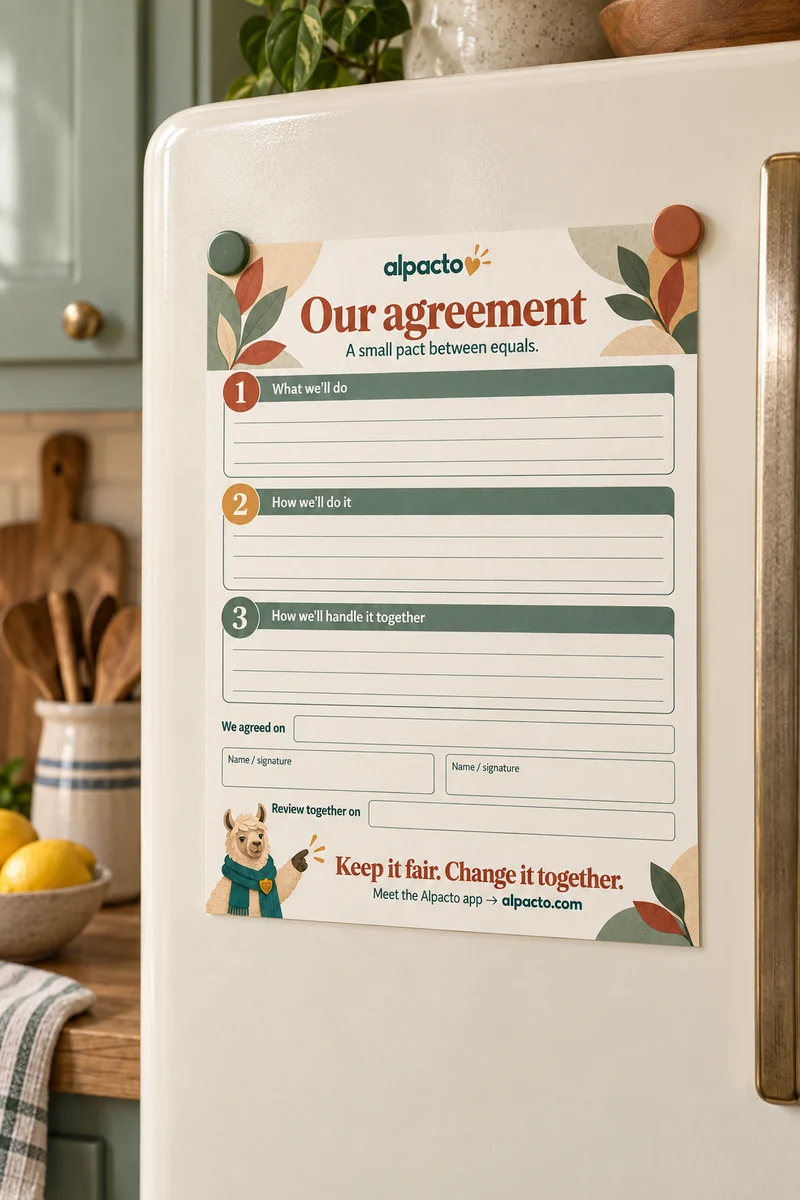 The blank house rules sheet held by two magnets on a cream fridge door