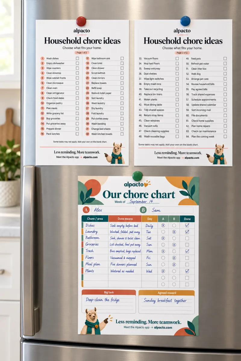 A household chores list printable on the fridge next to the filled-in chore chart