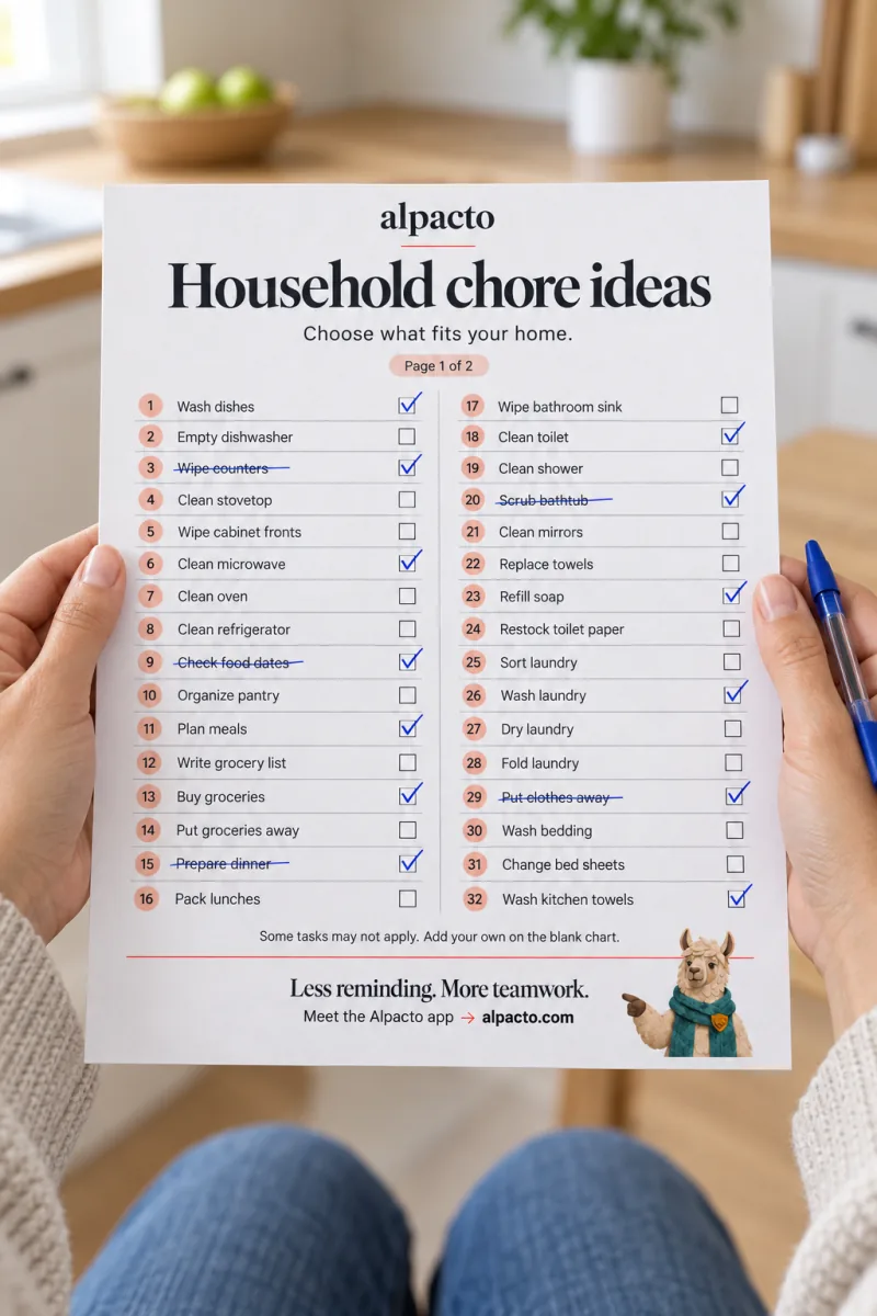 The household chores list held in two hands with several rows crossed out
