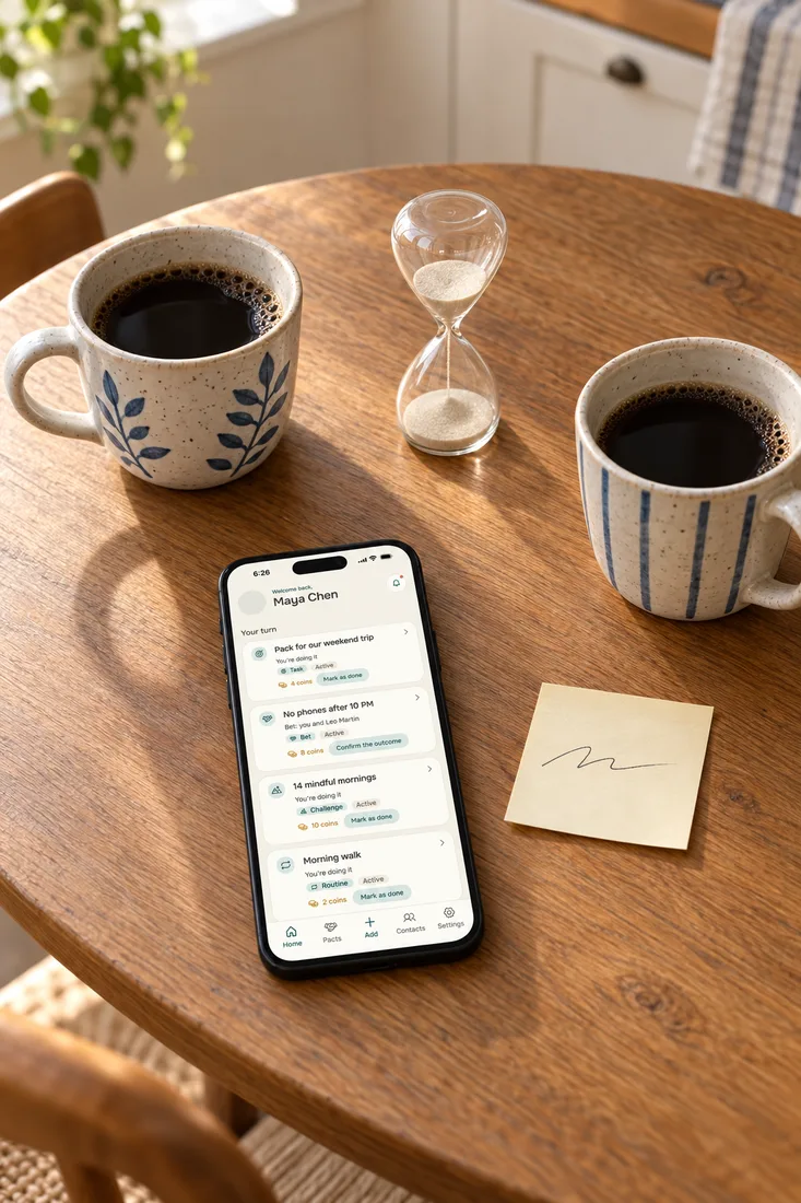 How to improve communication in a relationship: two mugs across a table, a sand timer, a sticky note and a phone with the Alpacto home screen