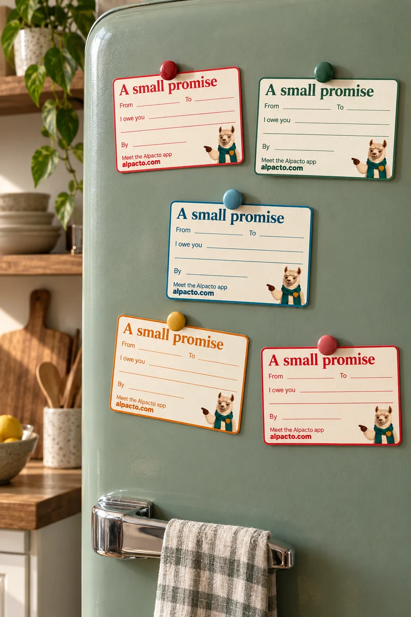 IOU cards printable: five blank A small promise cards held by magnets on a green fridge door