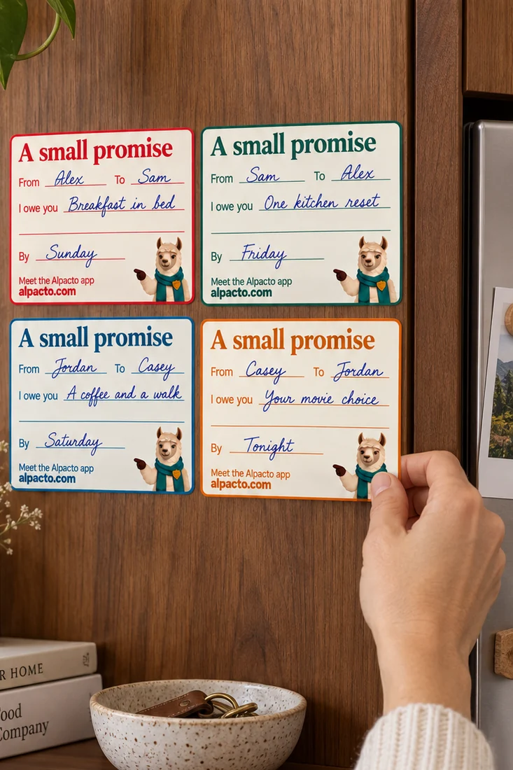 Four filled-in IOU cards pinned to a wooden panel above a shelf