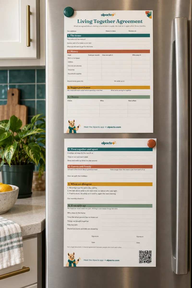 Living together agreement for couples, both pages held on a fridge door by magnets in a bright kitchen
