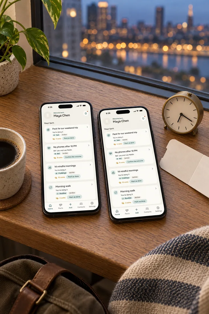Long distance relationship apps: two phones with the Alpacto home screen on a windowsill at night, a travel clock and city lights outside