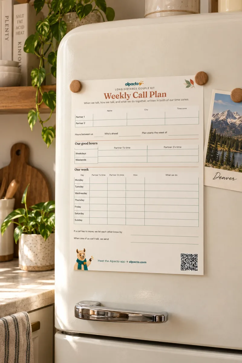 Long distance relationship ideas put on paper: a blank Weekly Call Plan held by magnets on a cream fridge door