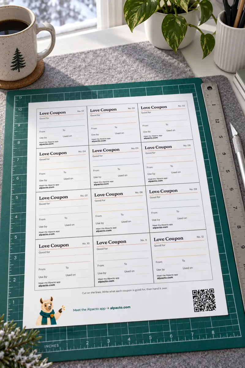 A printable love coupons sheet on a cutting mat, before the coupons are cut out