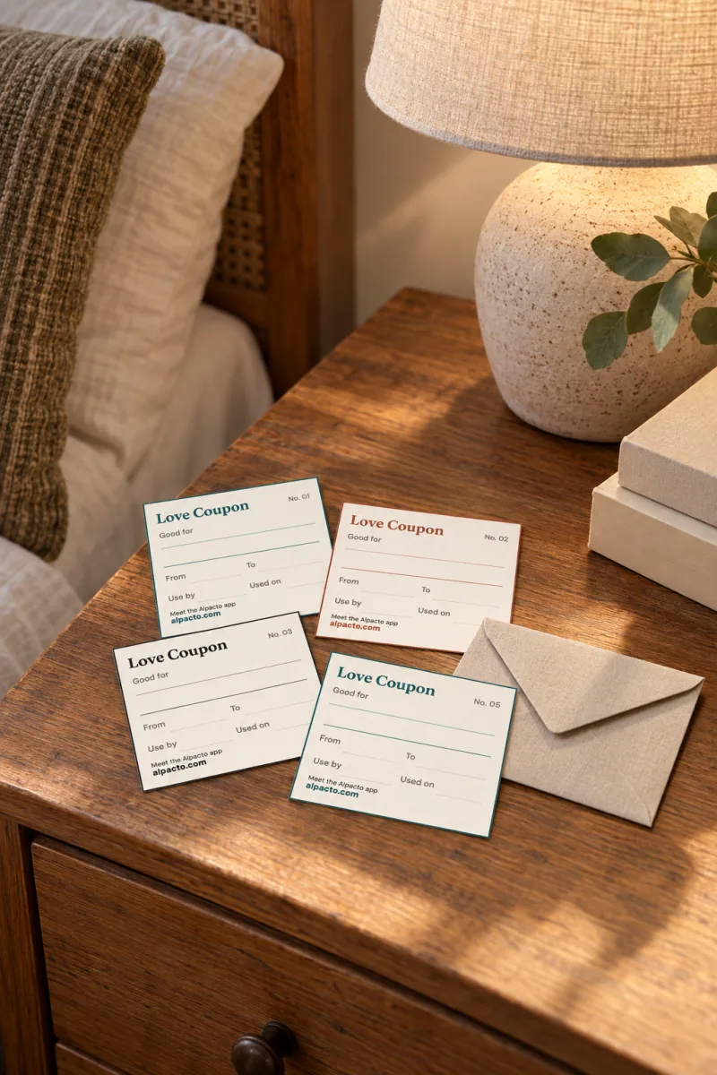 Blank love coupons cut out and left with an envelope on a bedside table