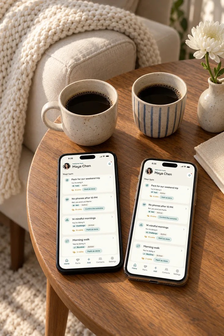 Love language quiz for couples: two phones with the Alpacto home screen side by side on a table with two cups of coffee
