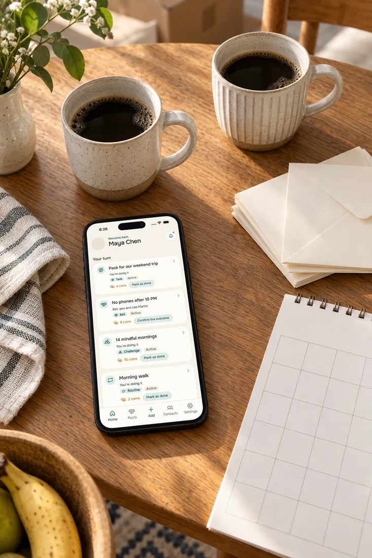 Marriage advice for newlyweds, first morning in a new home: coffee, blank thank-you envelopes, a wall calendar and a phone with the Alpacto home screen