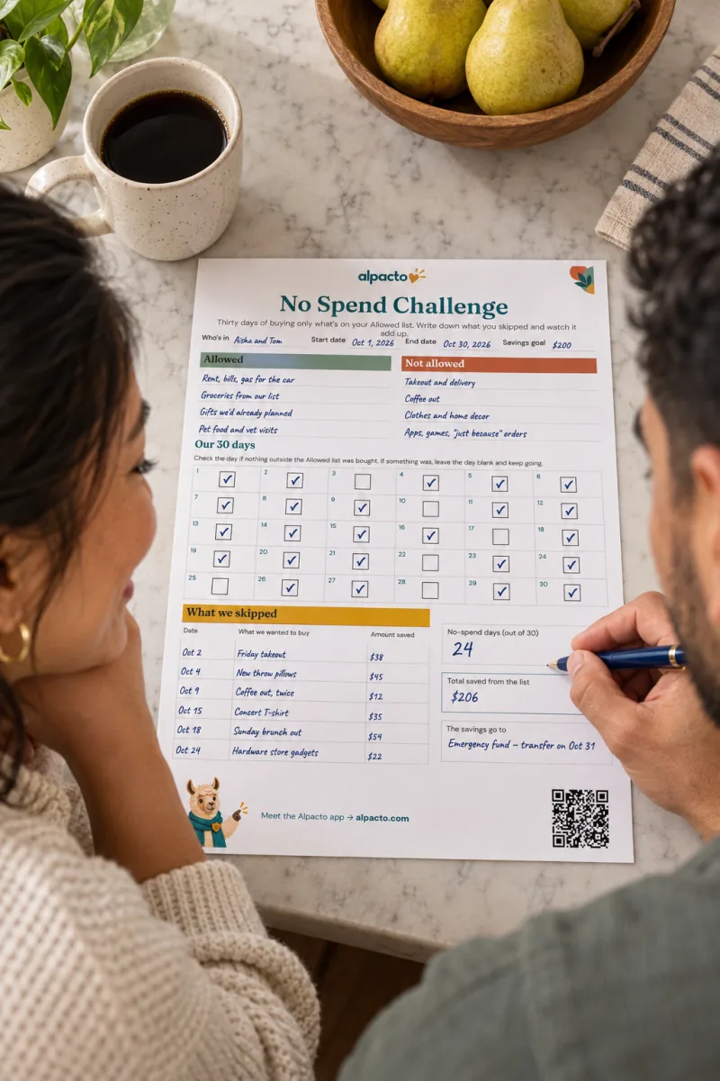 A couple at a kitchen island; he writes 24 in the No-spend days box of the filled-in sheet