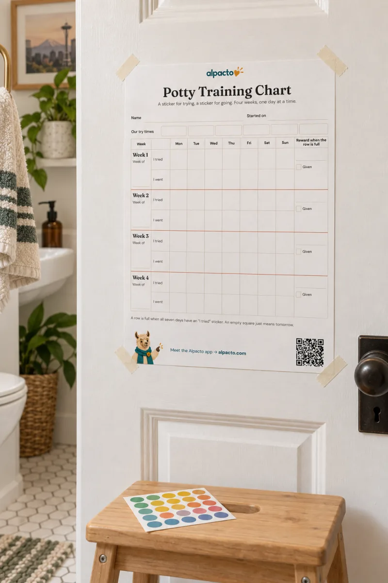 A potty training chart printable taped to the bathroom door with a step stool below
