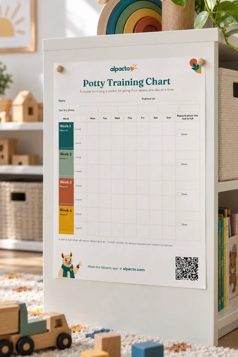 The potty training chart on a nursery shelf beside the toys